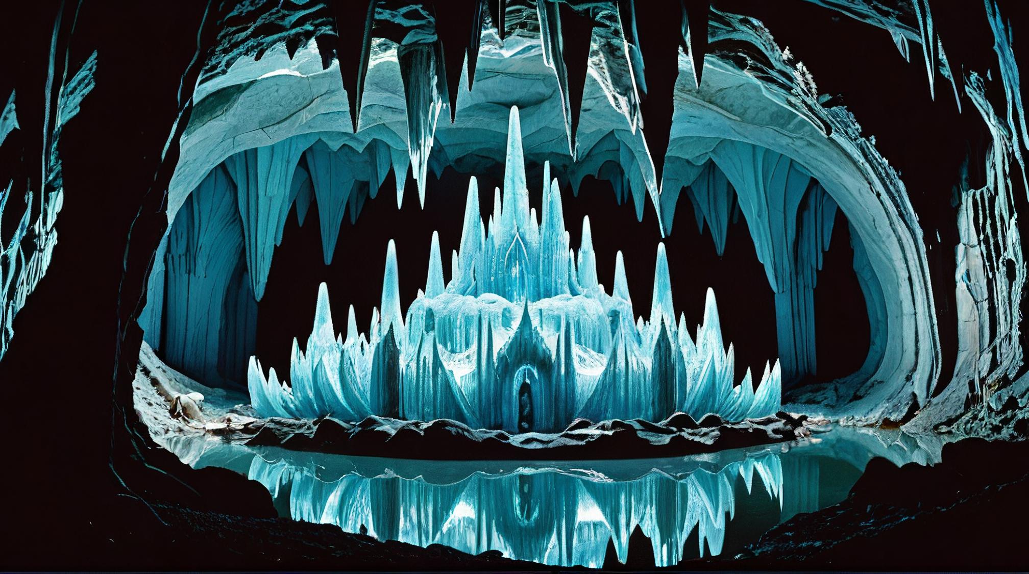 photograph, landscape of a Azure The Crystal Palace of King Oberon, inside a Titanium caverns, Ultra Detailed