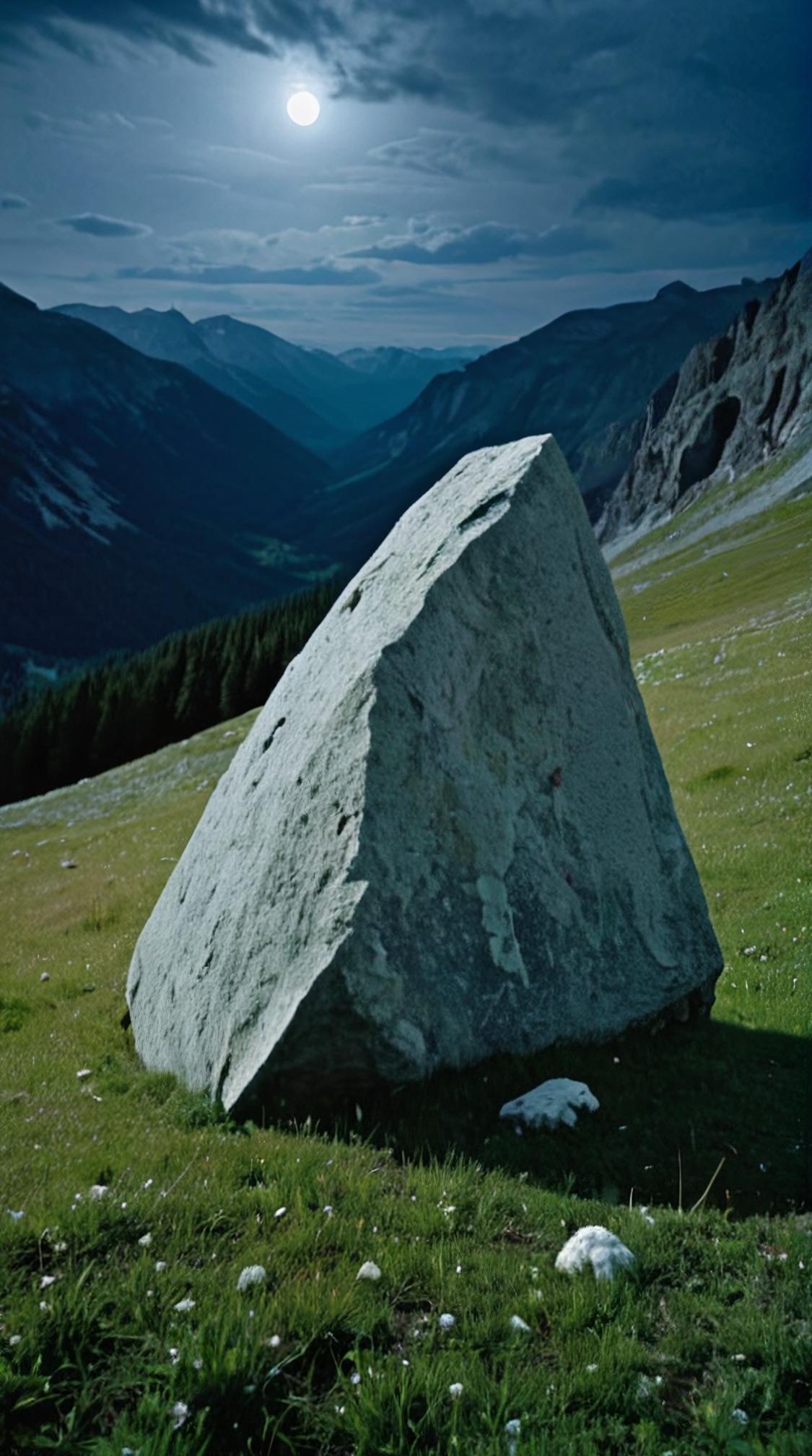 art by Donna Huanca , photograph, landscape of a Mesmerizing Megalith and Alpine meadow, Hurricane