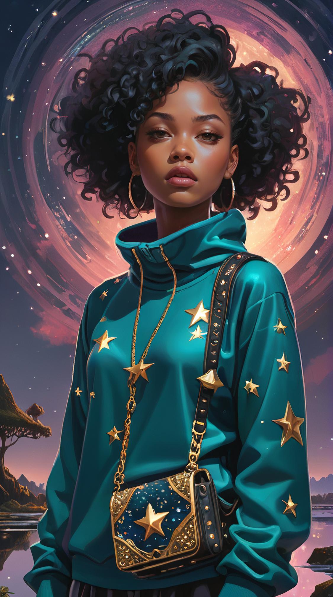 manga art designed by Krenz Cushart and Karol Bak , dark Painting, Girl , wearing Fleece pullover