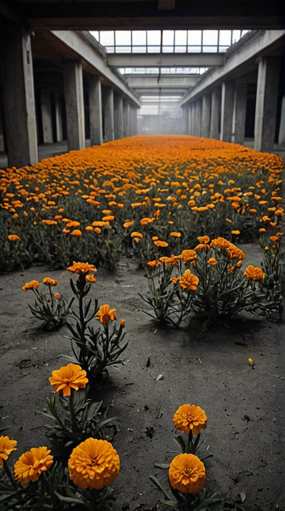 designed by Bela Tarr, photograph, desolate field with Marigold, intricate background