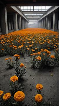 designed by Bela Tarr, photograph, desolate field with Marigold, intricate background