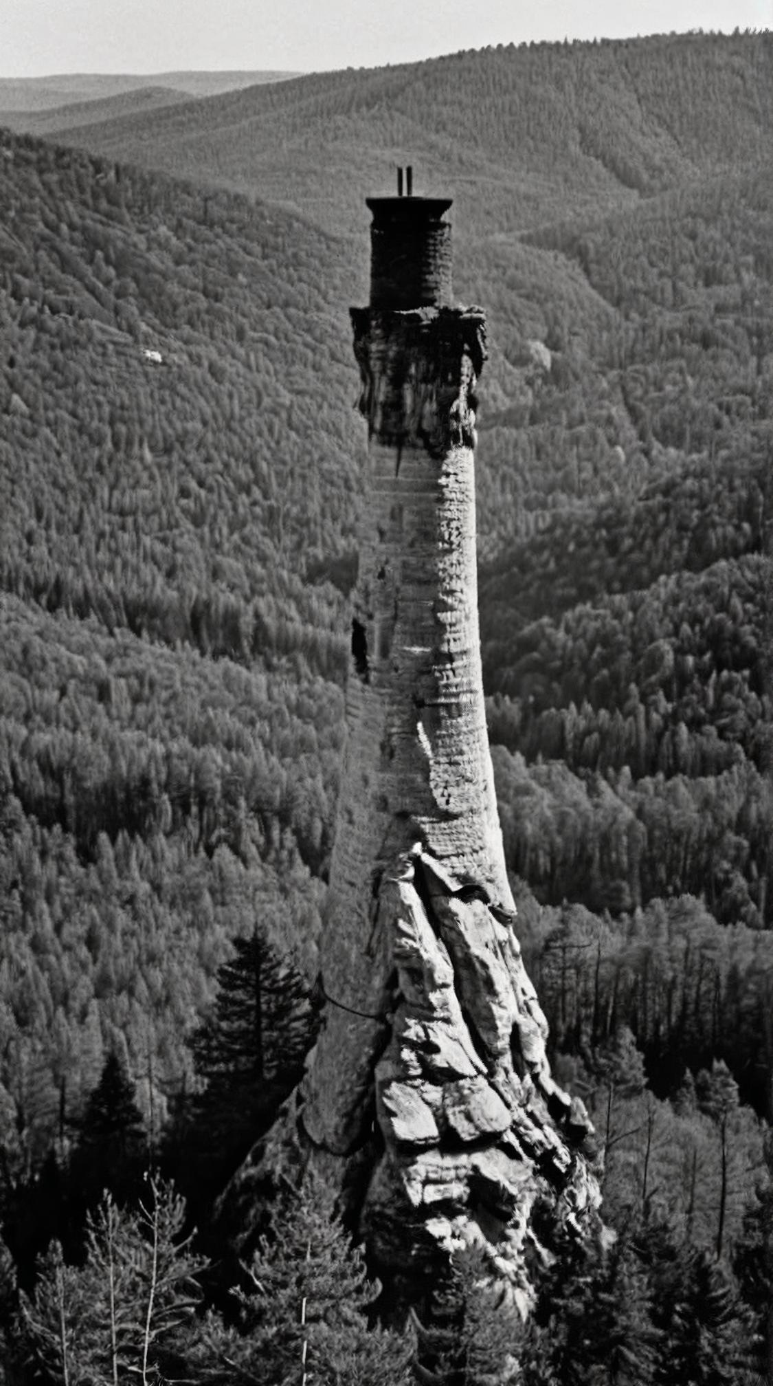photograph, landscape of a Dirty Vile The Chimney Rock and dark forest, at Midday, Gloomcore