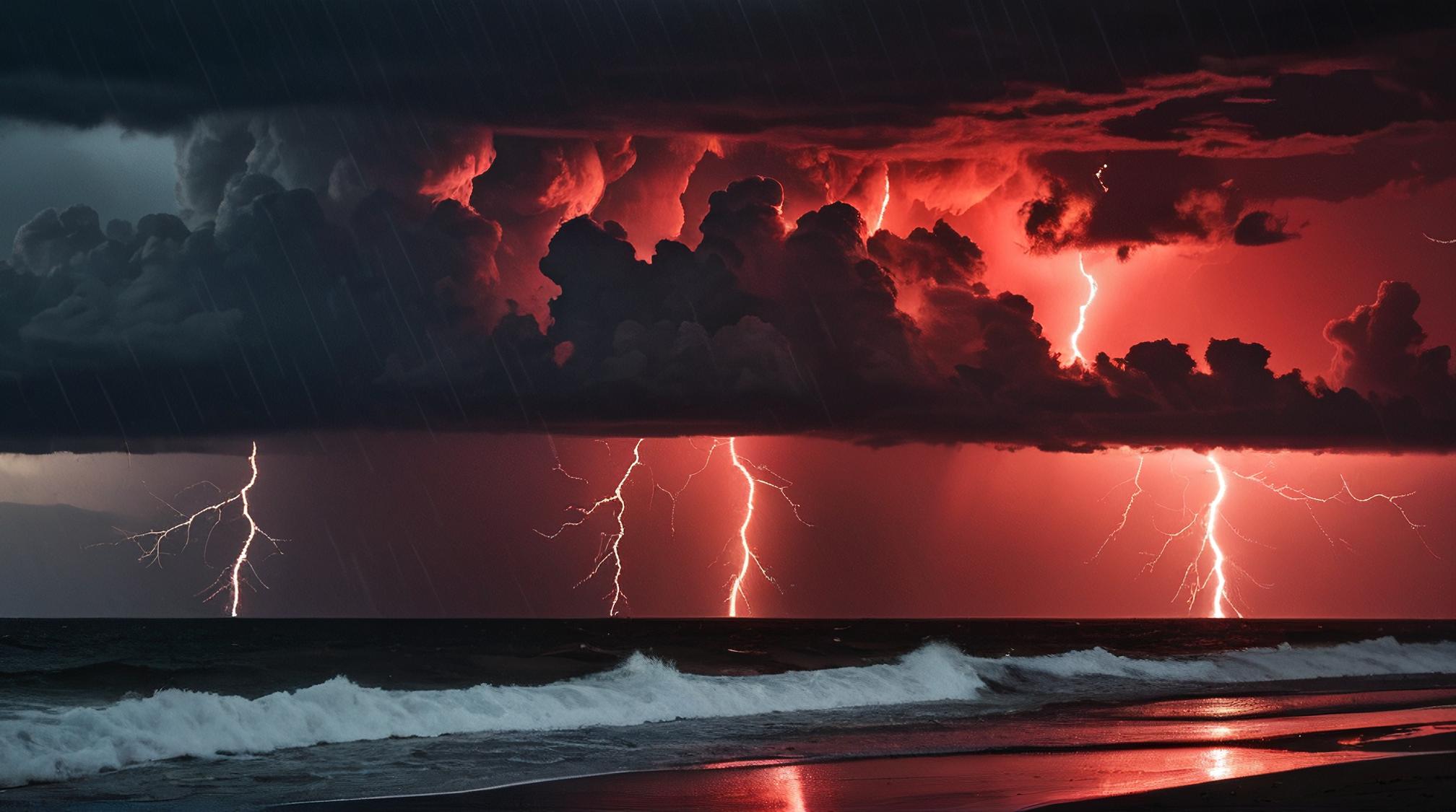 photograph, landscape of a Black and Ruby Red Galactic Outskirts and Thunderstorm over the ocean, at Dusk, Surprising