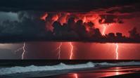 photograph, landscape of a Black and Ruby Red Galactic Outskirts and Thunderstorm over the ocean, at Dusk, Surprising