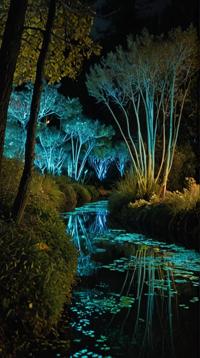 designed by Abbas Kiarostami , photograph, surreal, landscape of a Appealing Bioluminescent Garden