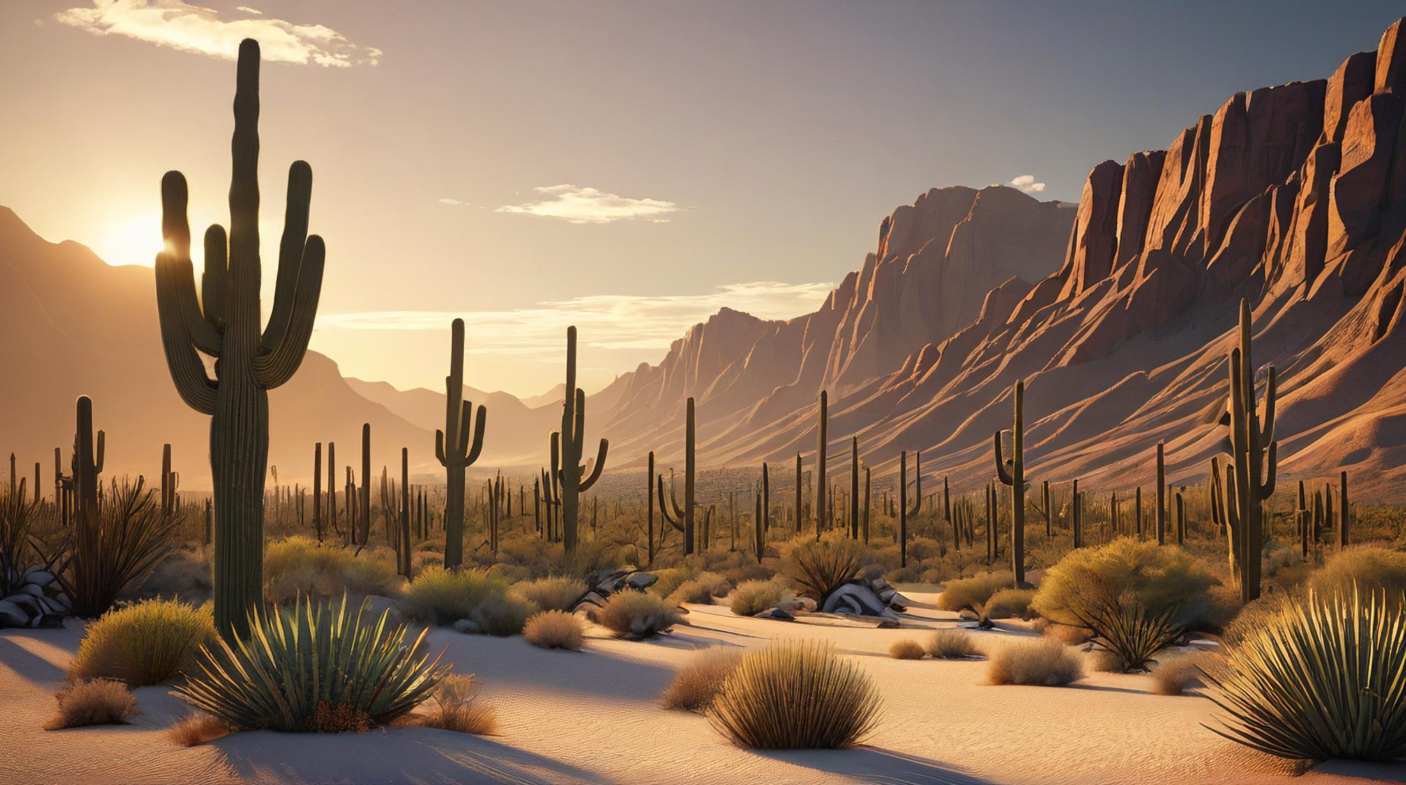landscape of a Saguaro Desert, volumetric lighting, F , artstation