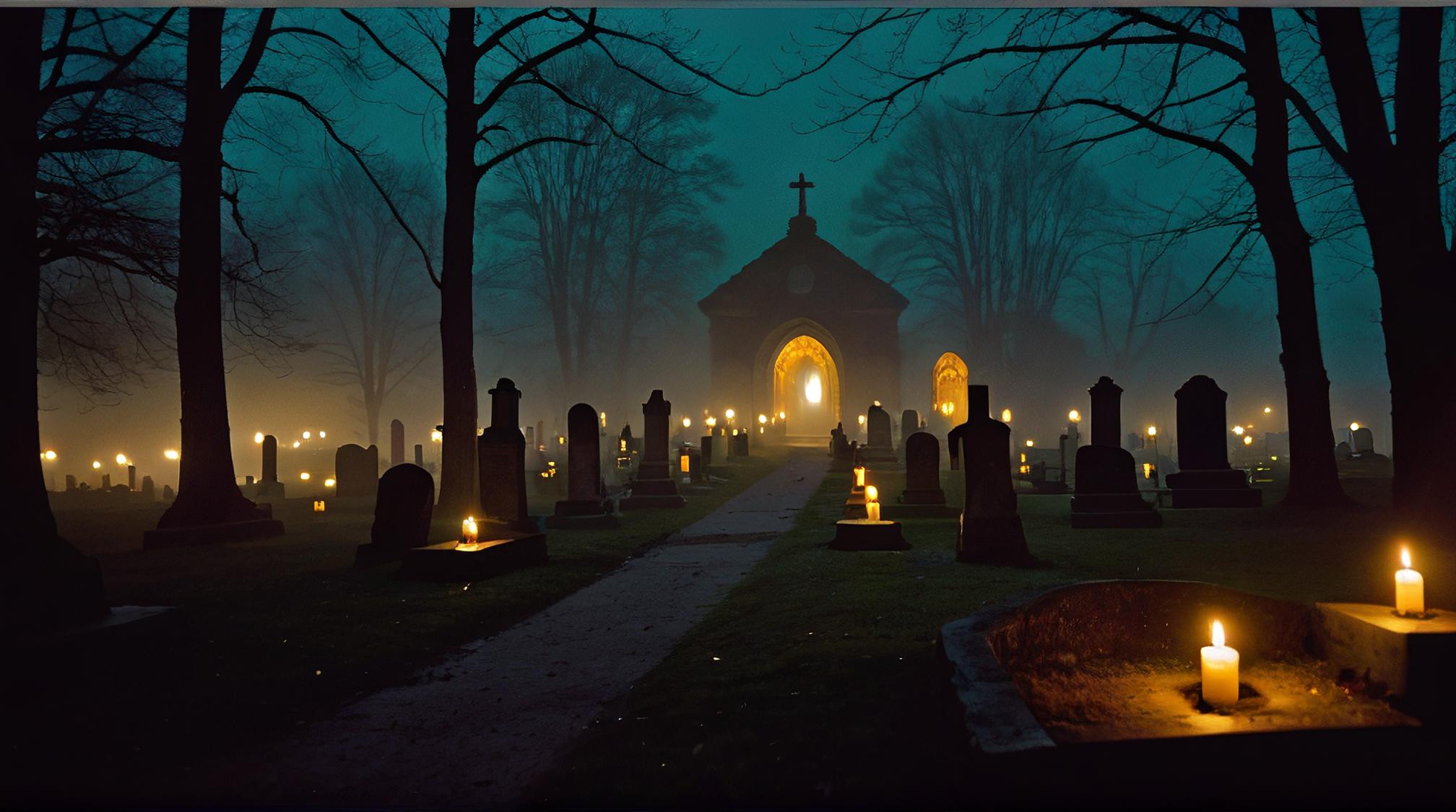 designed by Paul Pelletier, photograph, landscape of a lovely Underground Club and Eerie fog covered cemetery, at Golden hour