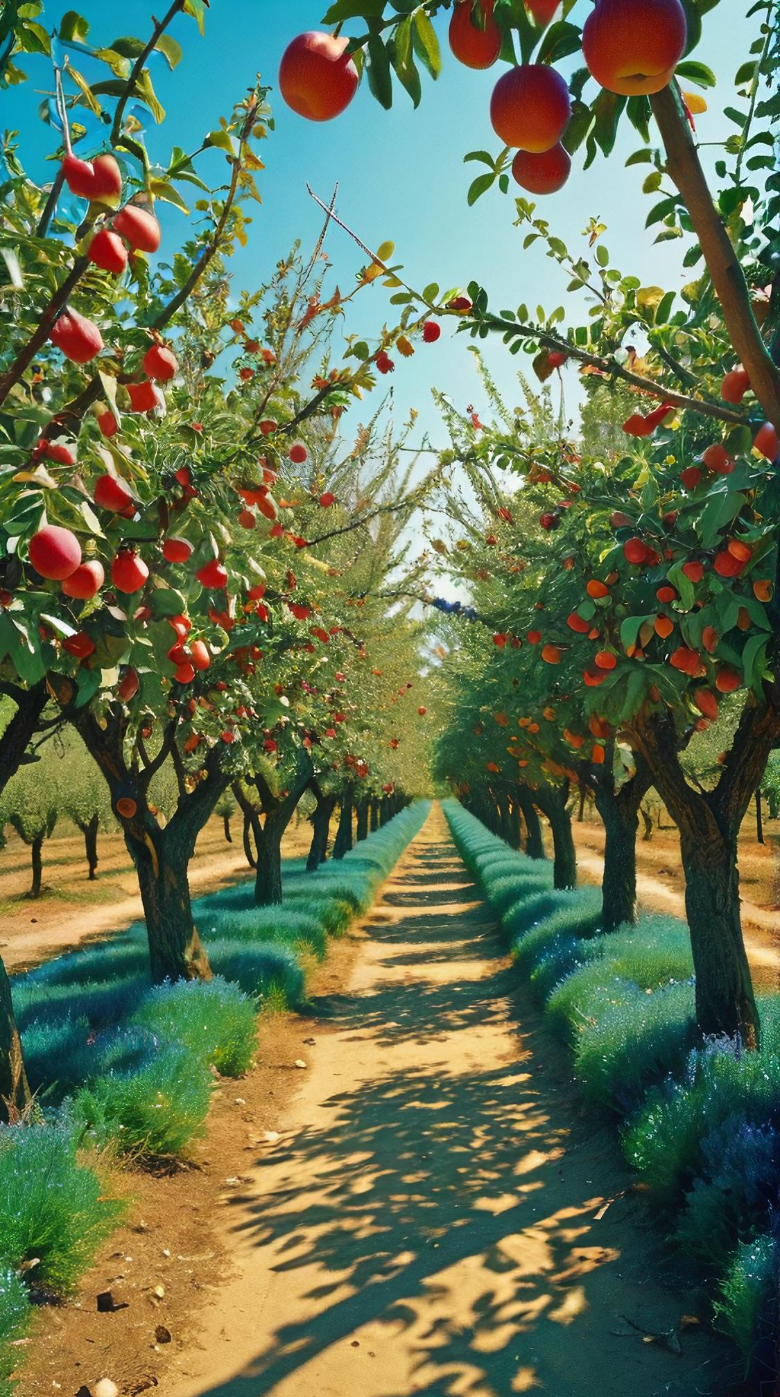 art by Brian Sum and Jon Foster, recycled art, colorful Photograph of a traditional Turkish Orchard, Wretched and Calming