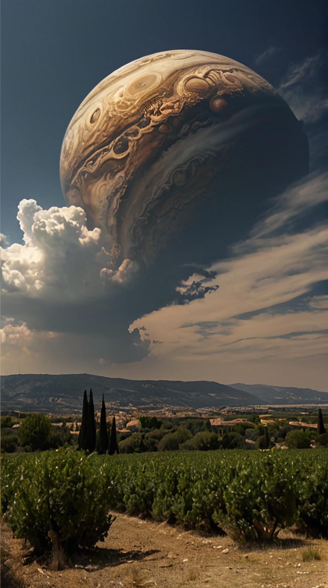by Dario Argento, photograph, landscape of a Exotic Deteriorating jupiter clouds, Ruffled Provence in background
