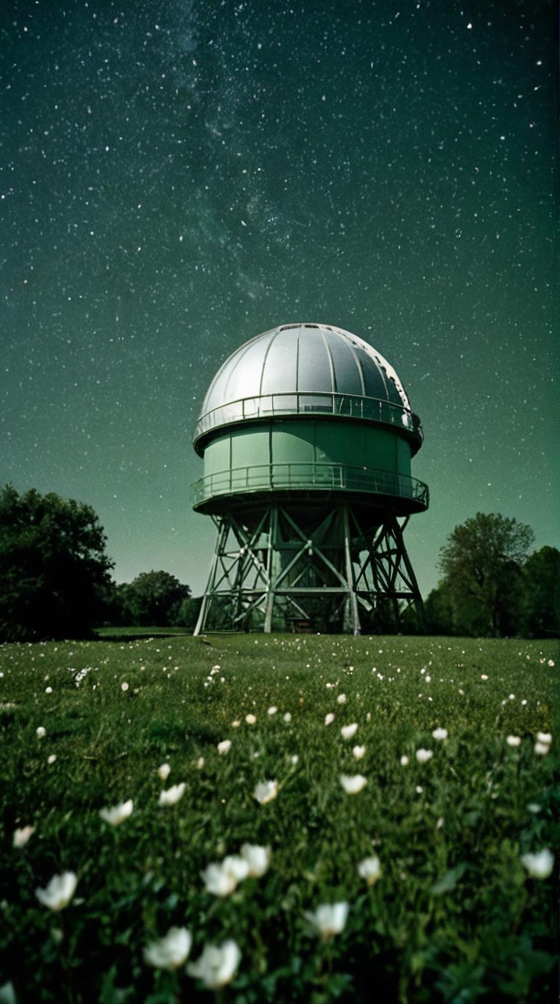 photograph, landscape of a Lunar Observatory and Interplanetary magnetic field, it is Neat, deep green blossoms