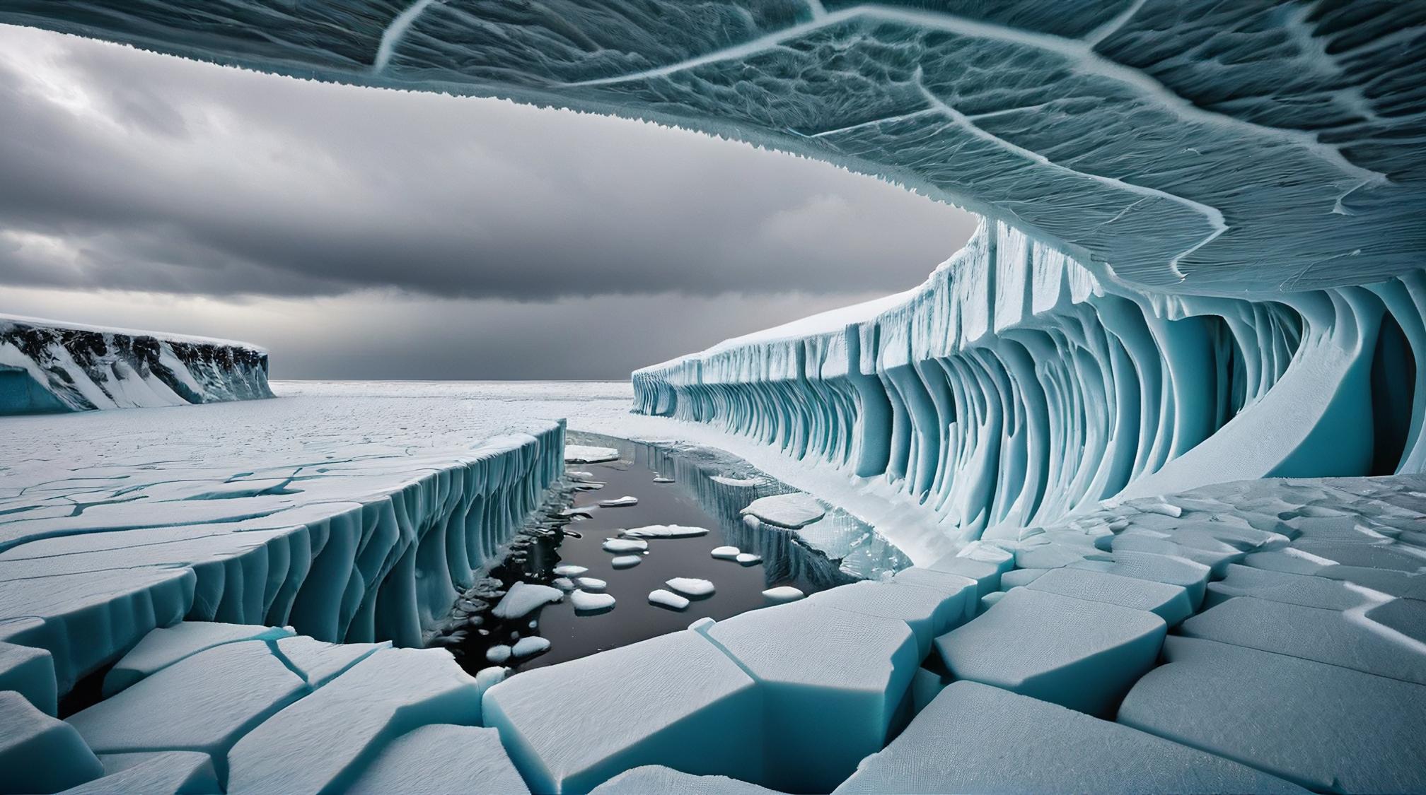 landscape of a Layered Ice Shelf from inside of a Quantum computing facility, Stormy weather, Magic Realism, Patachitra