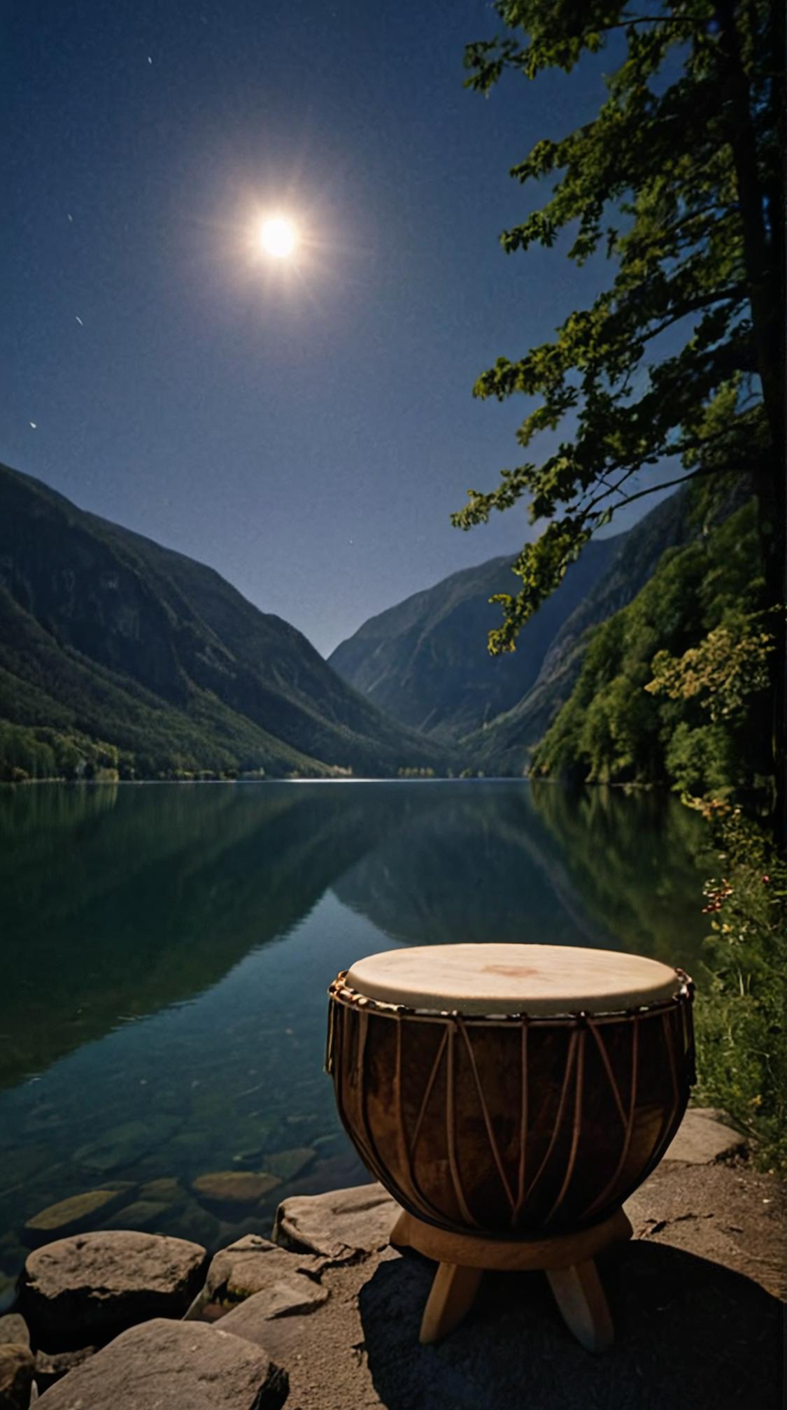 photograph, landscape of a Stunning Hallstatt Nashville and Shamanic drum, Moon in the night, Peaceful