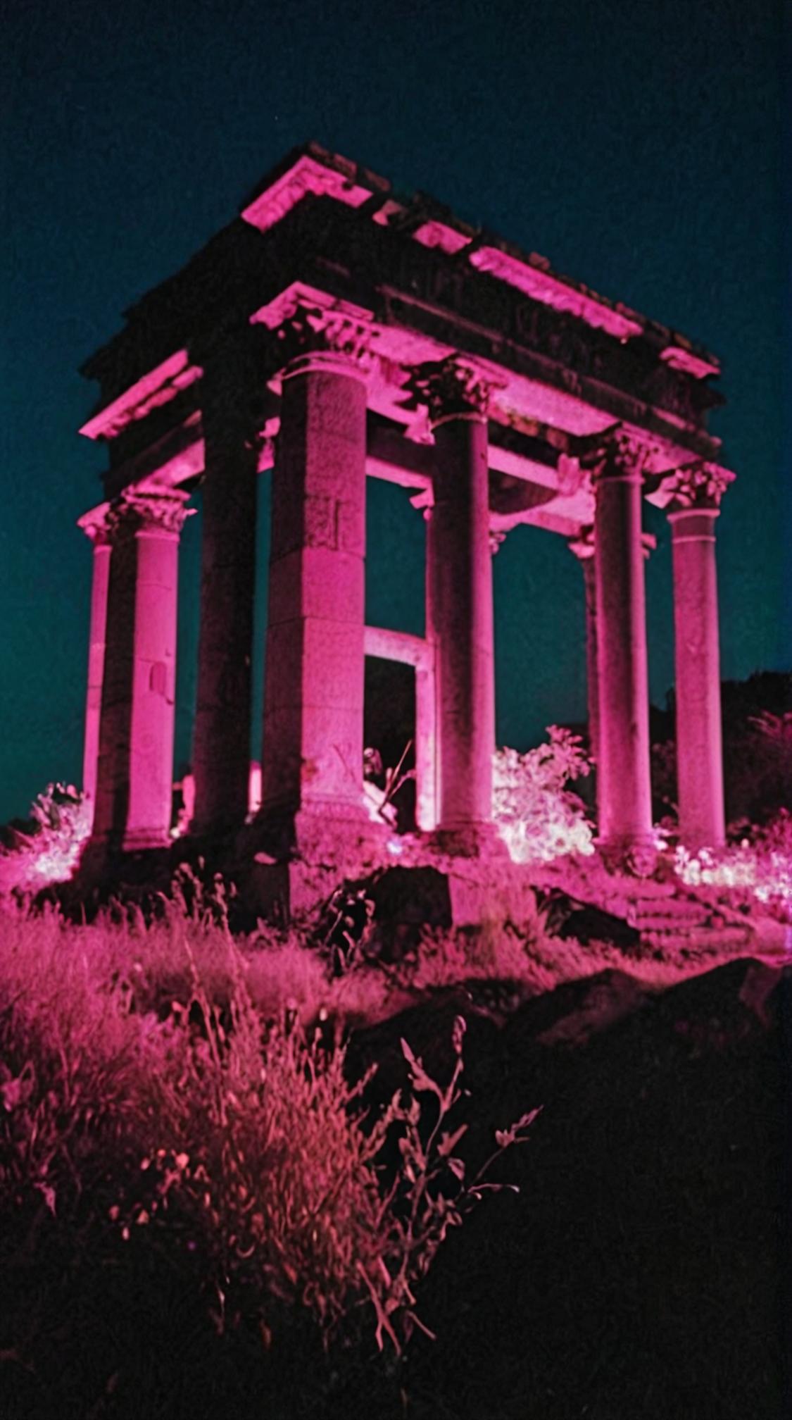 photograph, landscape of a Flimsy electric pink Mystic Ruins Nazjatar , at Nighttime, Anime screencap