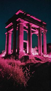 photograph, landscape of a Flimsy electric pink Mystic Ruins Nazjatar , at Nighttime, Anime screencap
