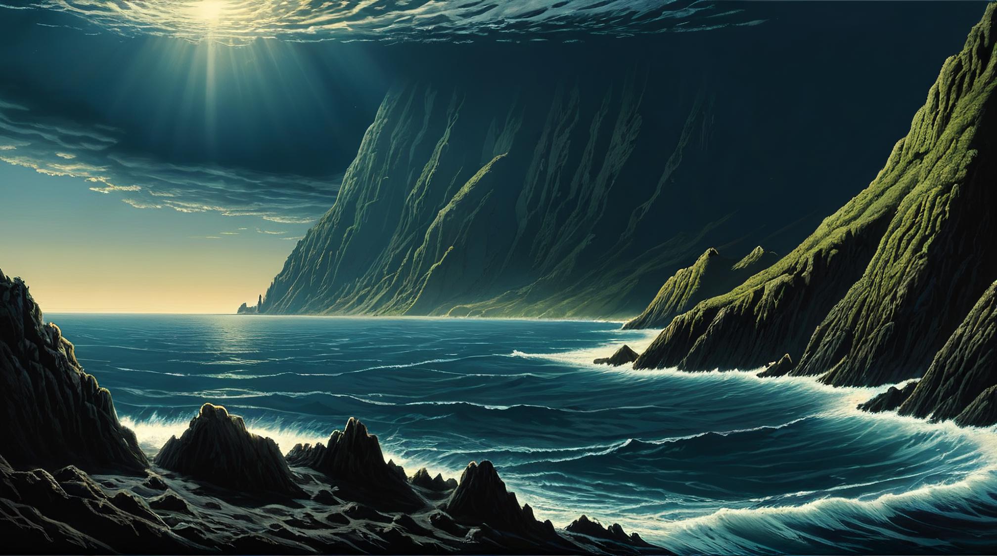 photograph, landscape of a Seamount and El Salvador, S and Warlike, Bathed in shadows