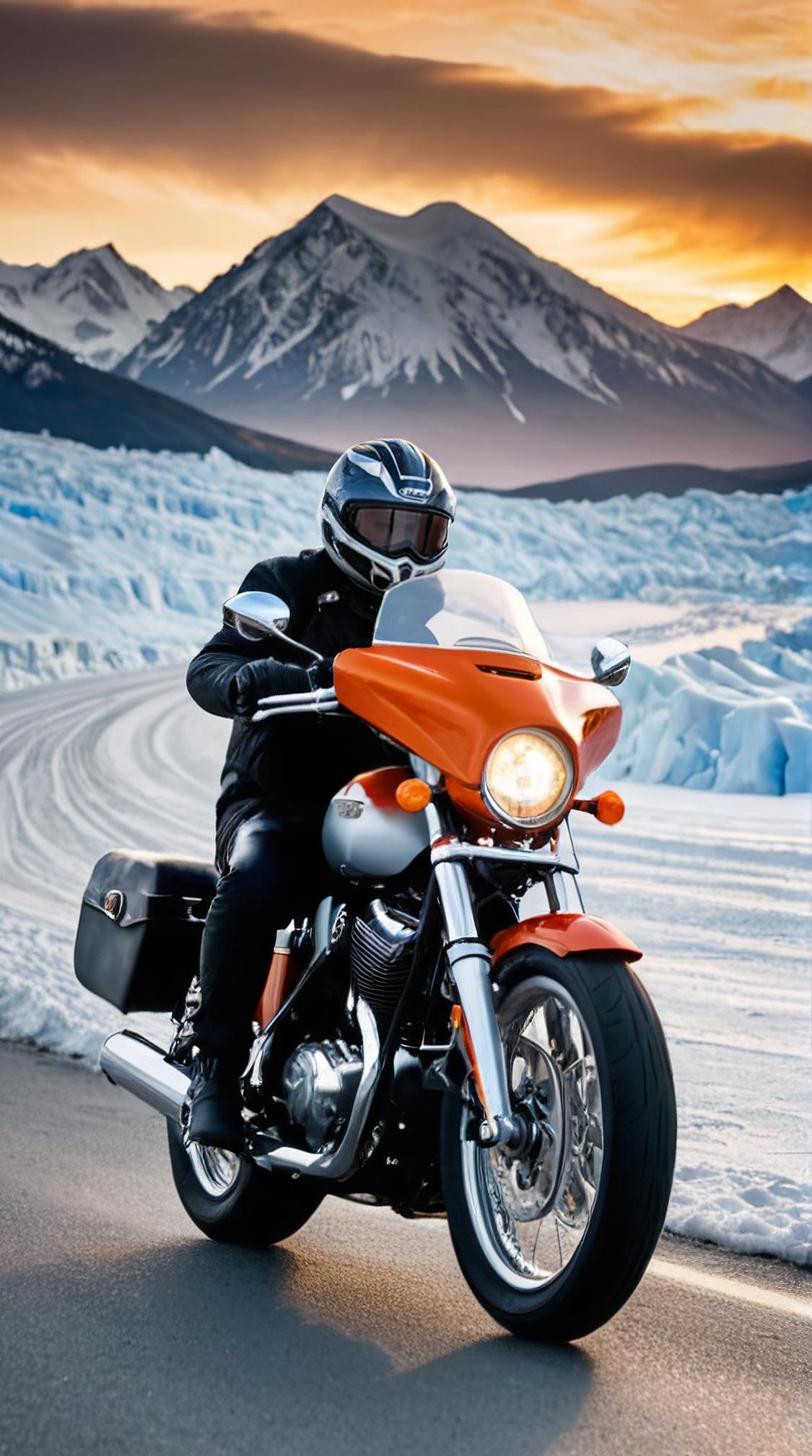 photograph, elegant, landscape of a Frostfire Peak of the Ice and Fire Clash and Motorcycle, it is Exotic