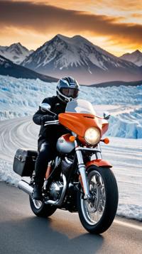photograph, elegant, landscape of a Frostfire Peak of the Ice and Fire Clash and Motorcycle, it is Exotic