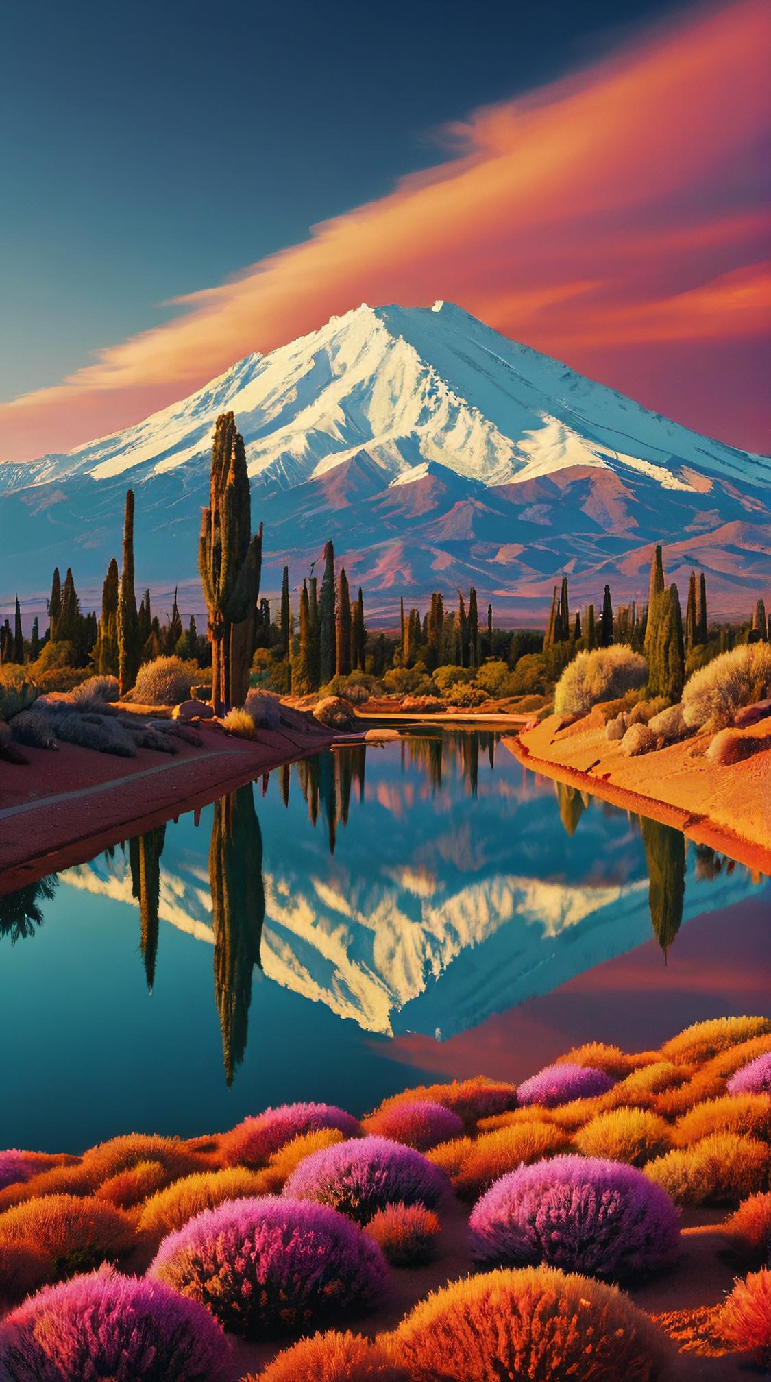 landscape of a Mount Shasta Desert , it is very Alhambresque and Awe Inspiring, perfect symmetry, cinematic atmosphere