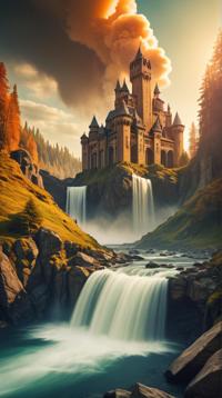 Cosplay Photograph, landscape of a S Castle Wolfenstein and Waterfall oasis, Smoky Conditions, stylized by Matt Molloy