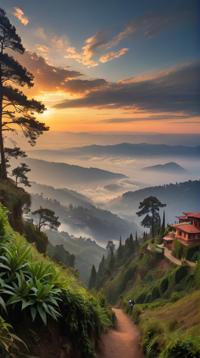 landscape of a Nagarkot, Fantastical, Foggy, Illustration