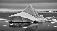 stylized by Henri Cartier Bresson, landscape of a Cluttered Iceberg, Uros Islands in background, Industrial Art