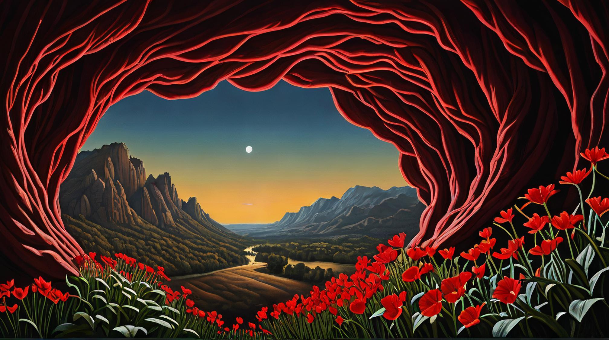 by Peter Holme III, landscape of a Shadowy Thermokarst and The Sistine Chapel, Crimson and tiger print background, Botanical illustration