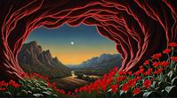 by Peter Holme III, landscape of a Shadowy Thermokarst and The Sistine Chapel, Crimson and tiger print background, Botanical illustration