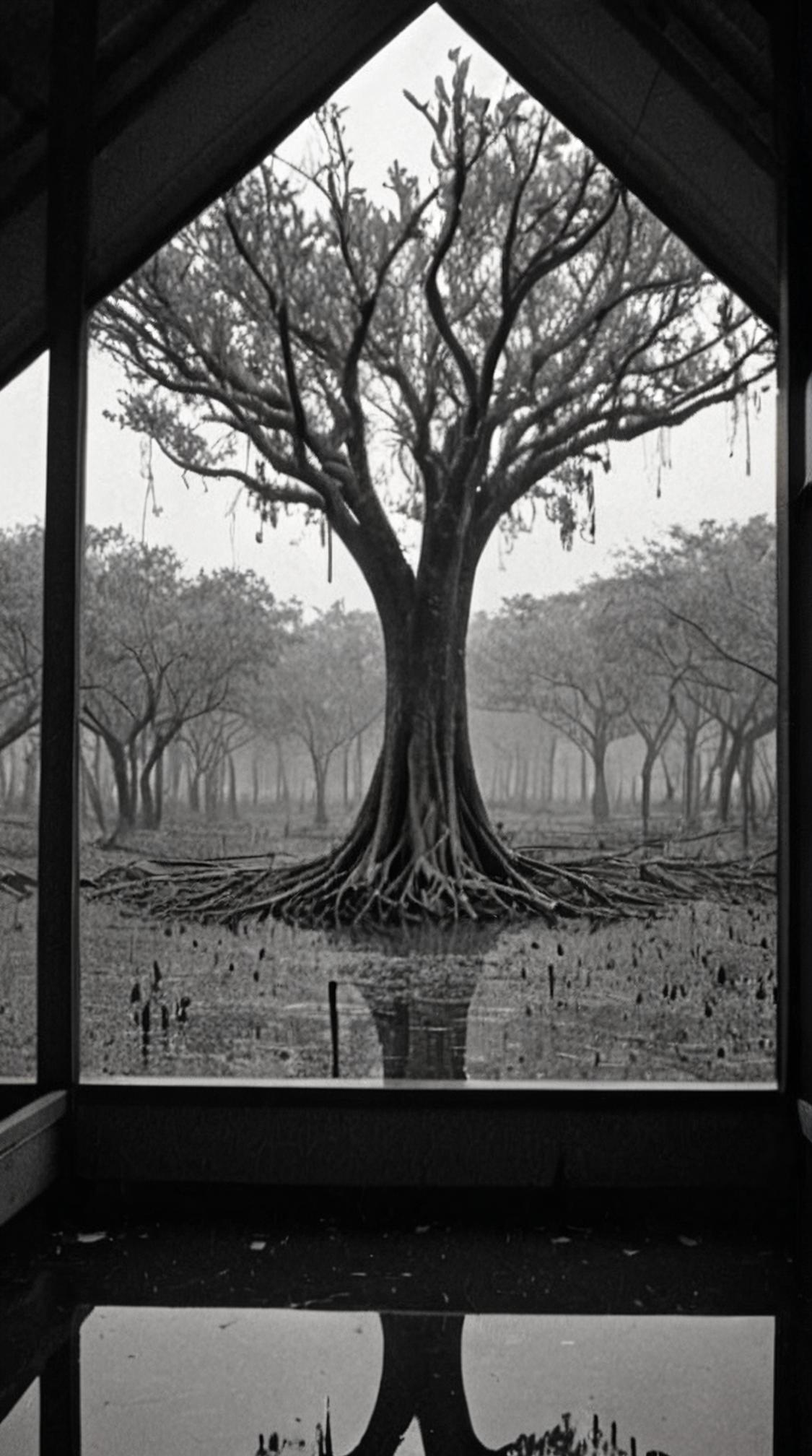 by Roman Polanski and Charlie Chaplin, photograph, landscape of a Mangrove and Orbital defense platform, Primordial