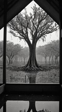 by Roman Polanski and Charlie Chaplin, photograph, landscape of a Mangrove and Orbital defense platform, Primordial