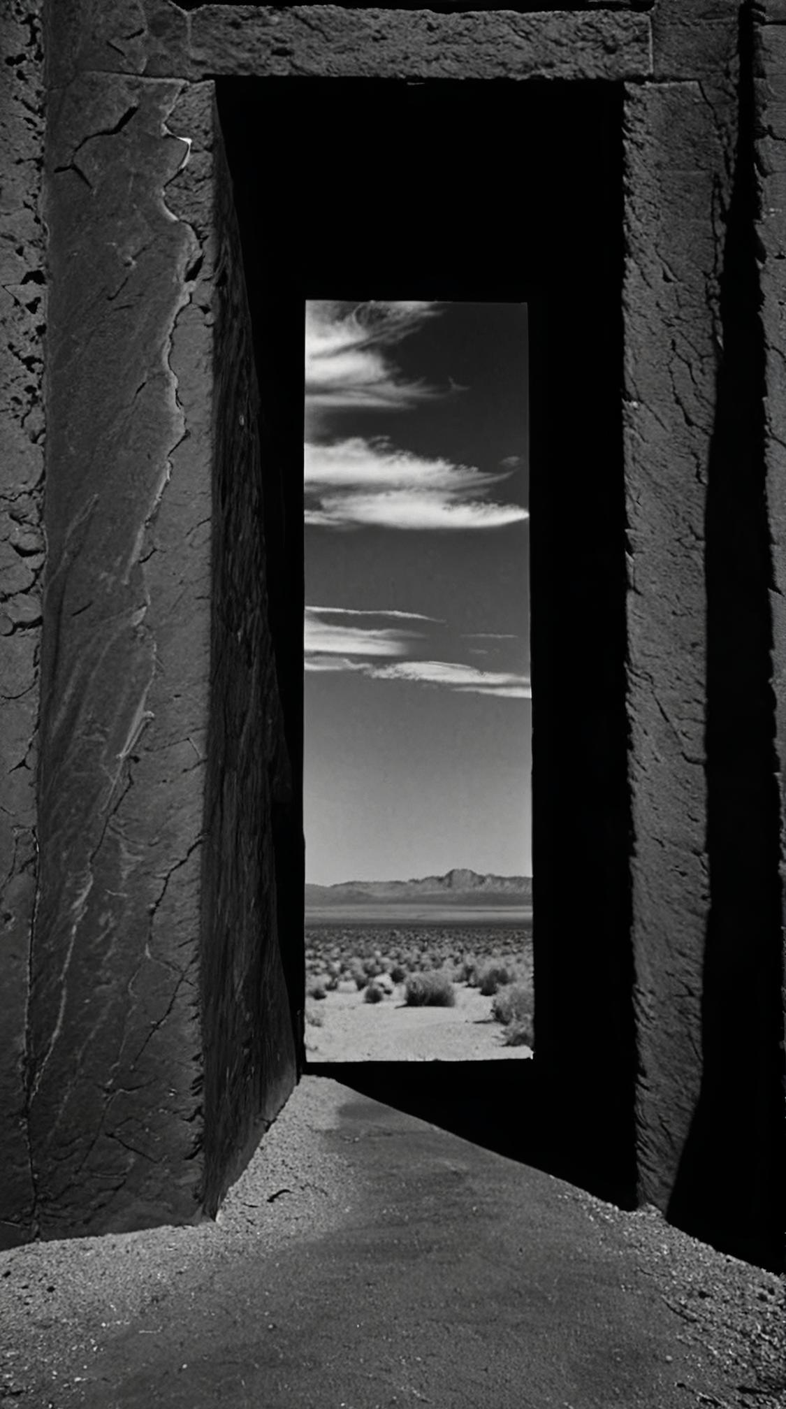 art by Ed Wood , photograph, noir storytelling, landscape of a Refined Portal The Painted Desert and Oracle cards