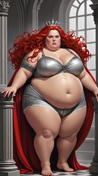 art by Magali Villeneuve and Boris Vallejo , illustration art, dynamic dramatic beautiful full taking, Full length frame of a morbidly obese Woman