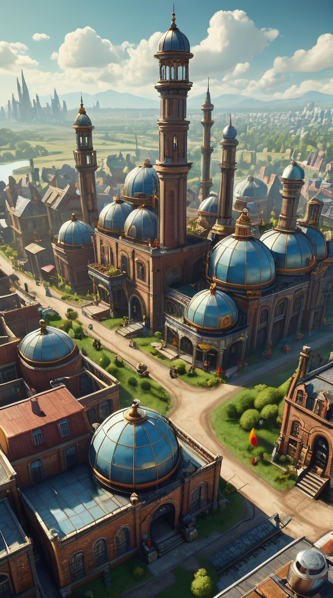 D Rendering, landscape of a S Galactic Agriculture Hub and Victorian steampunk city, at Midday, Nintencore