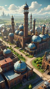 D Rendering, landscape of a S Galactic Agriculture Hub and Victorian steampunk city, at Midday, Nintencore