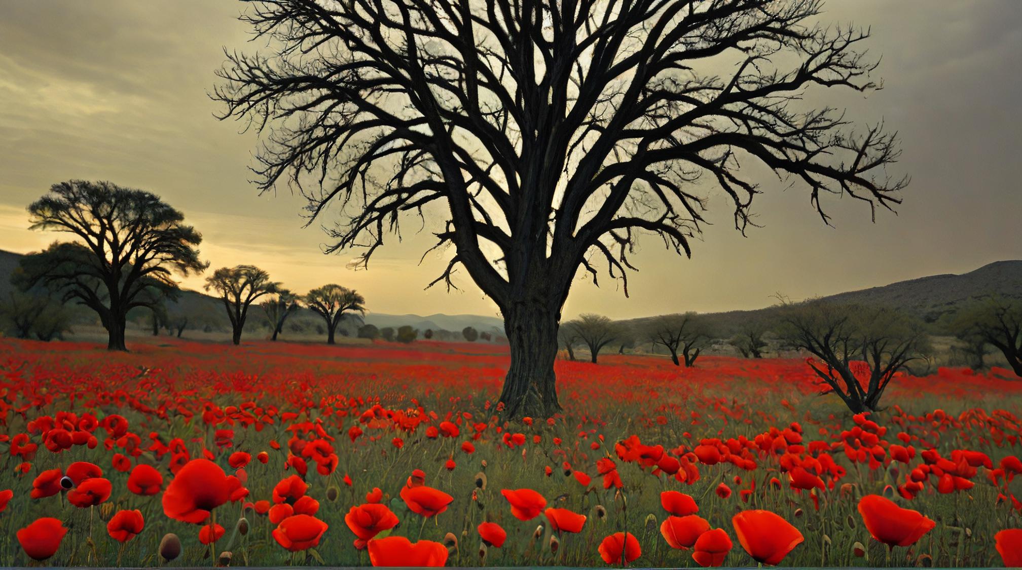 stylized by Mary Ellen Mark, landscape of a noir Dry Forest and Gypsy Poppy field, Pop Art, Warm lighting