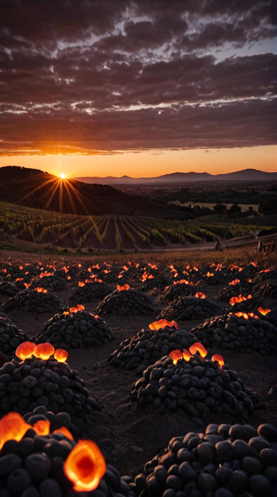 stylized by Leni Riefenstahl and Alfonso Cuaron , photograph, landscape of a Lava Field and Sunset over a vineyard, Award Winning