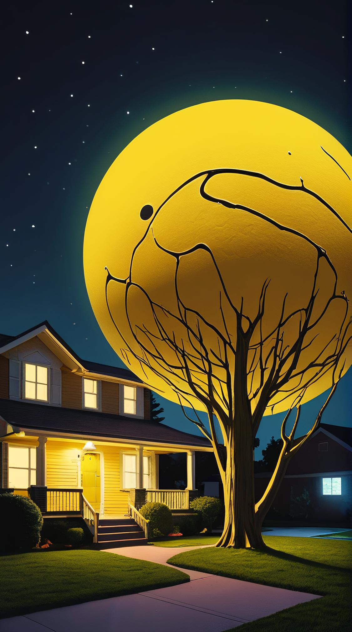 low angle shot of a S Suburbia electric yellow planet, at Nighttime, Relaxed, Neo Expressionism