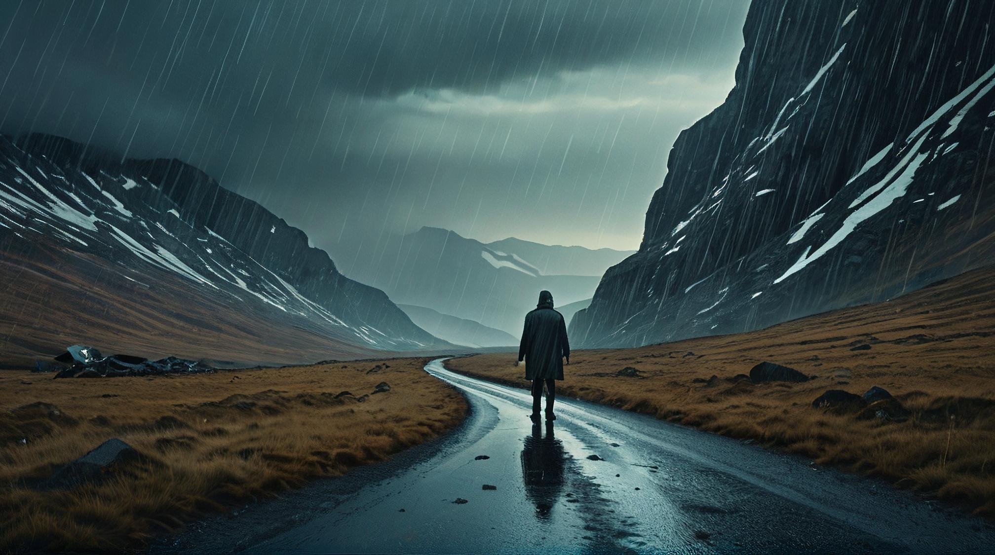 photograph, landscape of a Hostile Deadwind Pass and Black mirror, Raining, fantasy illustration