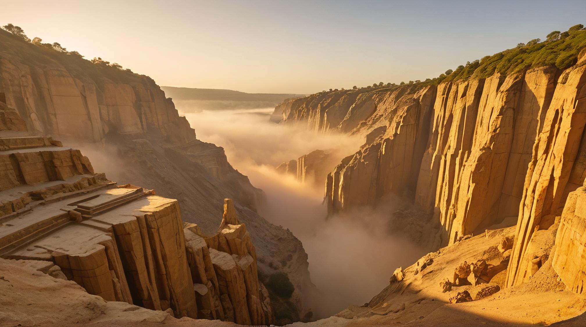 photograph, Golden ratio, landscape of a Peaceful Holy Neutral The Terrestrial Complex from inside of a Quarry, Foggy