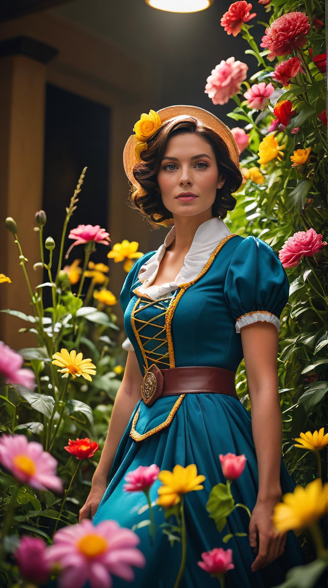 Cosplay Photograph, intricate details, POV shot of a Rich Zany Gone Maggie Gone , flowers