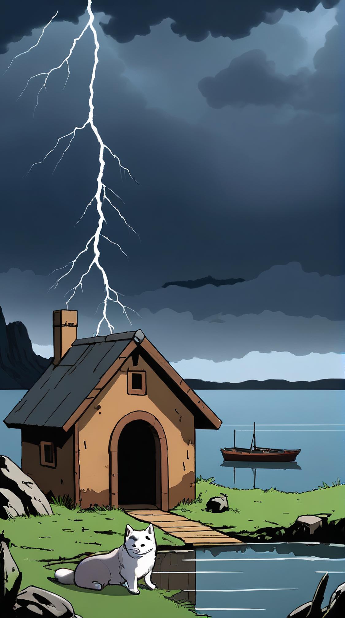 character art designed by Studio Ghibli, landscape of Thermokarst Lake and Dark ages Australian Deep sea trench, Pure and Exhausted, Doghouse in background