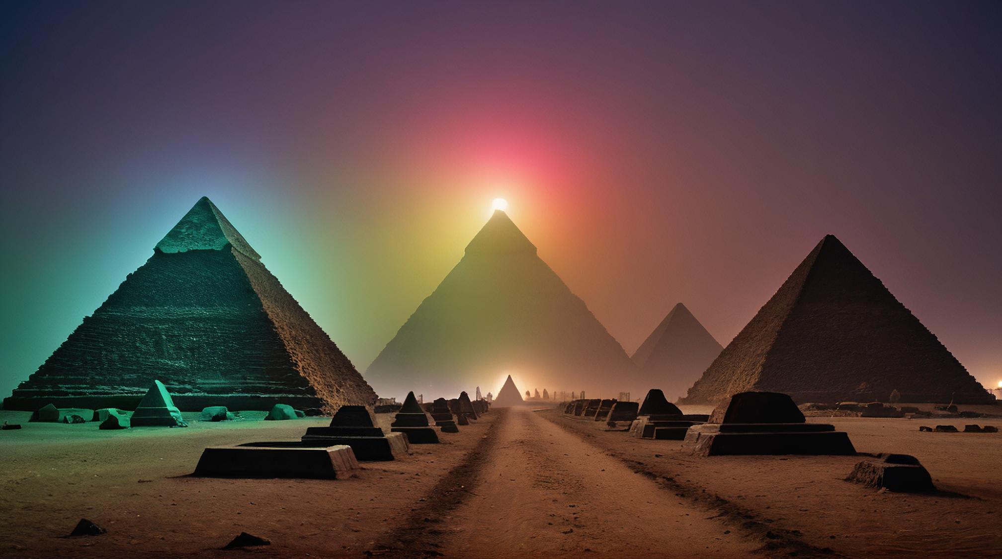 art by Chantal Akerman , photograph, landscape of a dark rainbow Mero Pyramids and Forgotten graveyard, it is very Colorful
