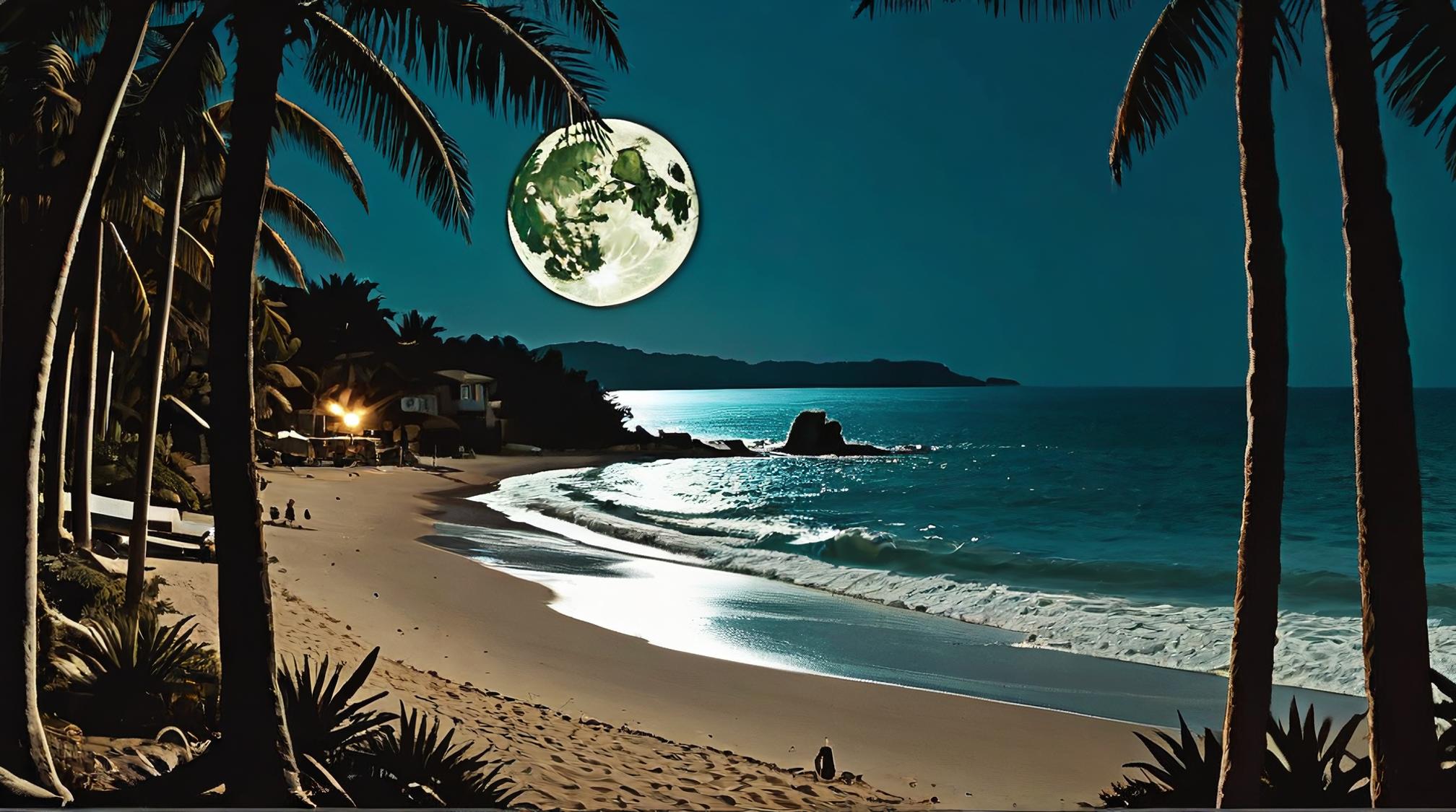 stylized by Njideka Akunyili Crosby , landscape of a Beach and Nature, Bosnian background, Moon in the night