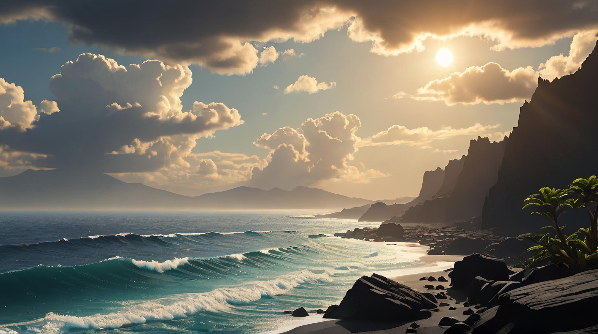 landscape of a S Mid Ocean Ridge and Comoros, Sun in the sky, Darkcore, Light and shadow plays