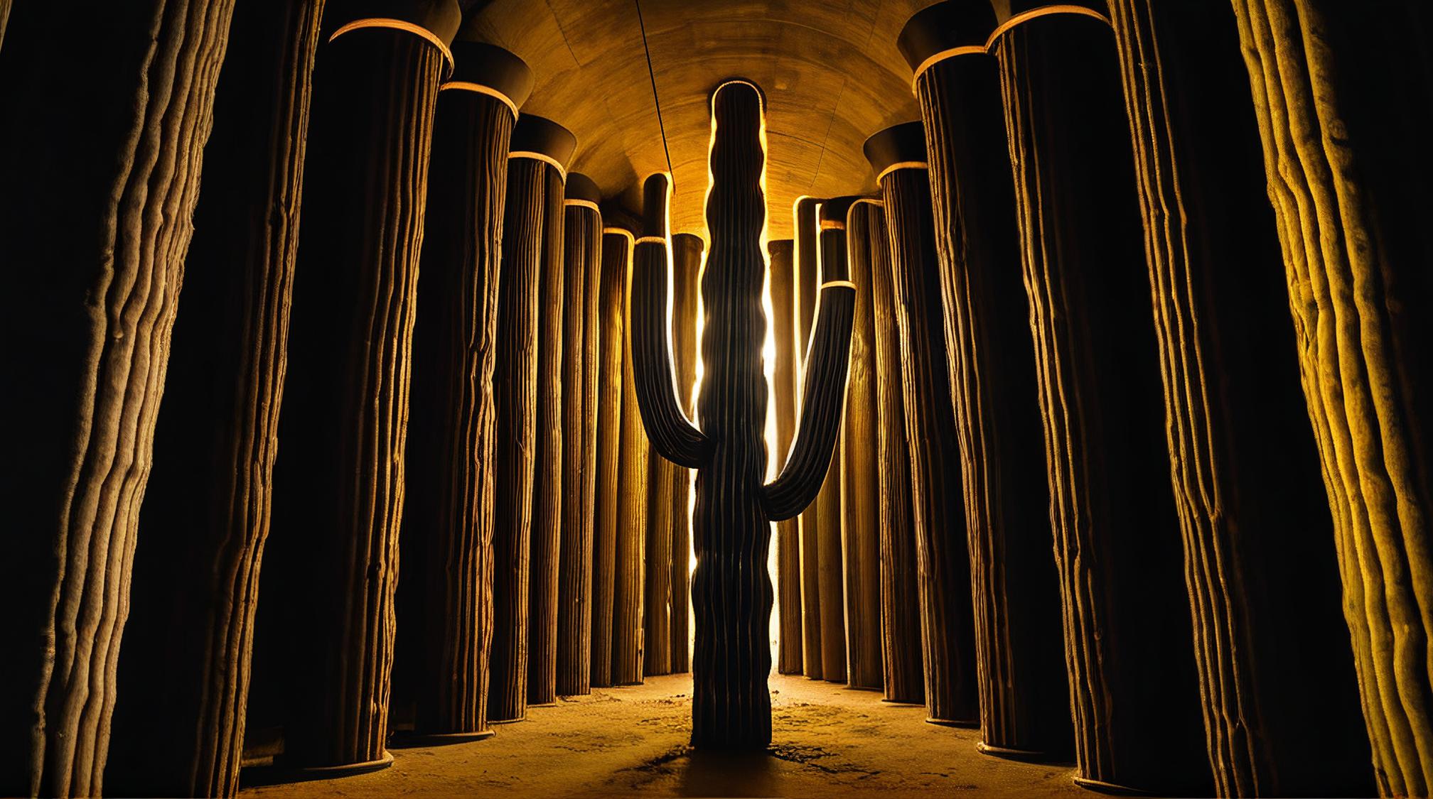 photograph, landscape of a Surreal Saguaro Desert Flooded Grasslands from inside of a Silo, Dark, Techwear