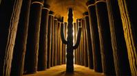 photograph, landscape of a Surreal Saguaro Desert Flooded Grasslands from inside of a Silo, Dark, Techwear