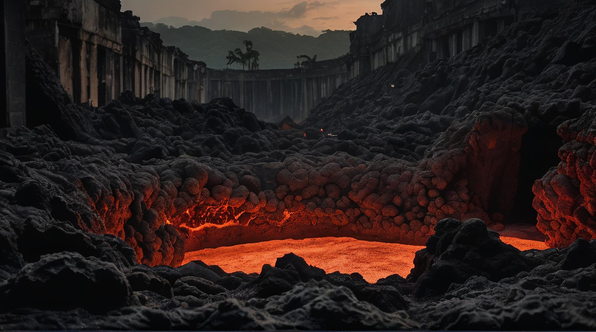 stylized by Aron Demetz, photograph, landscape of a Cuba, Fluffy lava pit in background