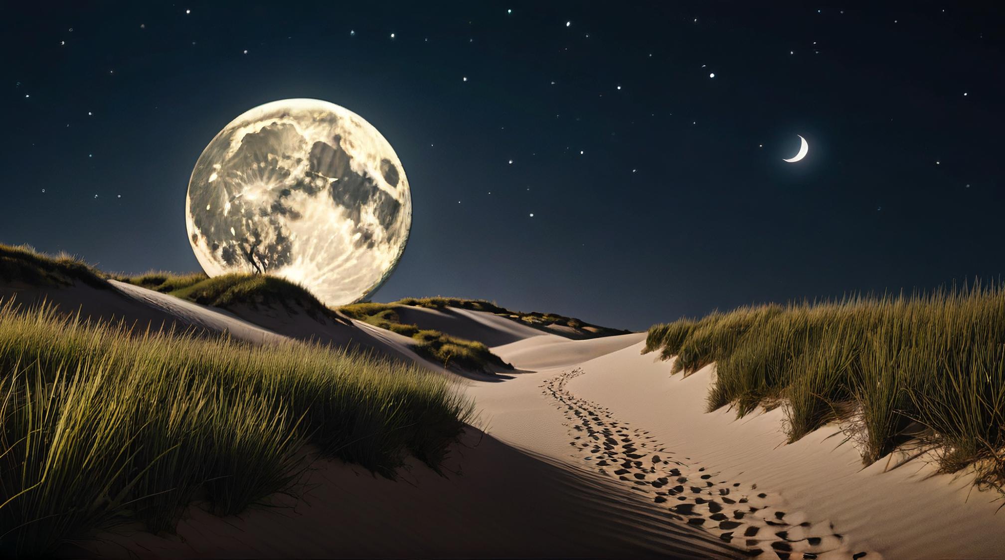 landscape of a Natural S Dune , grass, Moon in the night, Visual novel