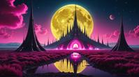 by Brian Mashburn , photograph, fairy tale, landscape of a Mythical electric pink Galactic Spaceport