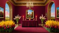 by Rachel Ruysch and Kevin Sloan , photograph, landscape of a Maroon and Mustard Galactic Senate Hall , reeds