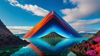 art by Felipe Pantone HUSH , photograph, landscape of a Eye catching Cosmic Harbor and Underwater volcano, centered background